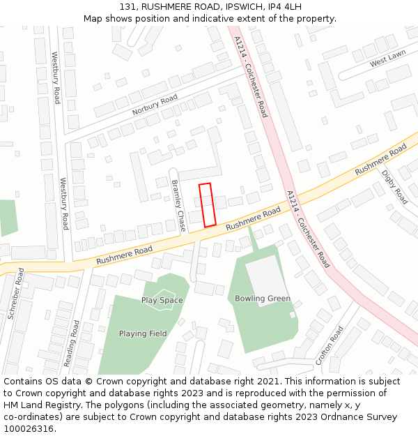 131, RUSHMERE ROAD, IPSWICH, IP4 4LH: Location map and indicative extent of plot