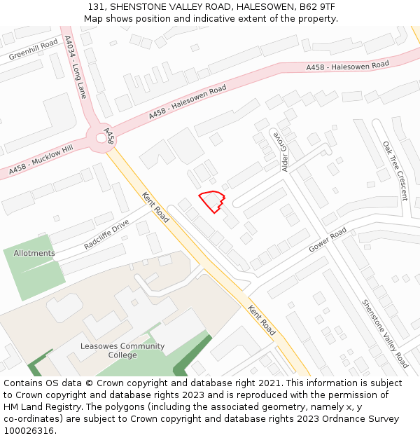 131, SHENSTONE VALLEY ROAD, HALESOWEN, B62 9TF: Location map and indicative extent of plot