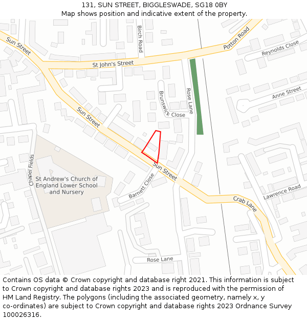 131, SUN STREET, BIGGLESWADE, SG18 0BY: Location map and indicative extent of plot