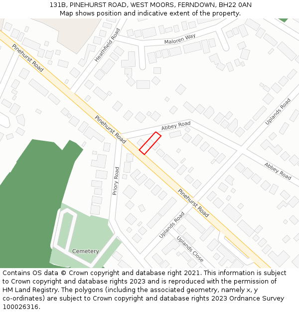 131B, PINEHURST ROAD, WEST MOORS, FERNDOWN, BH22 0AN: Location map and indicative extent of plot