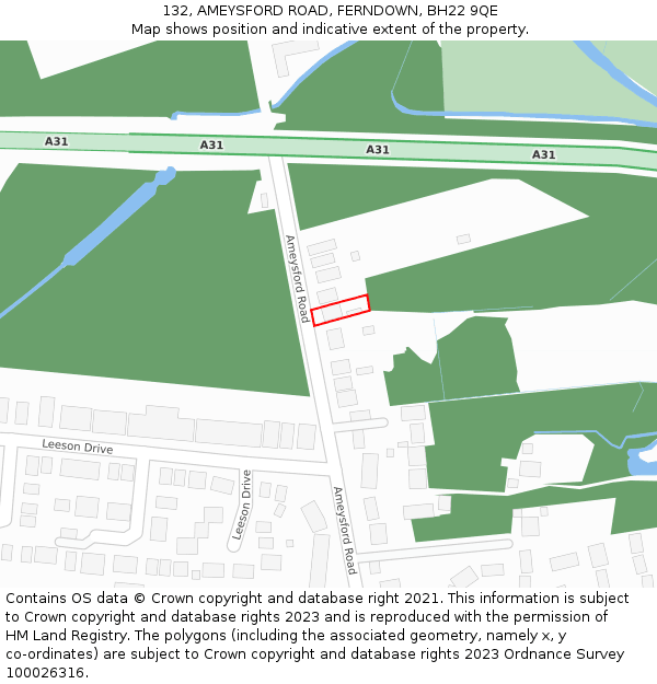 132, AMEYSFORD ROAD, FERNDOWN, BH22 9QE: Location map and indicative extent of plot