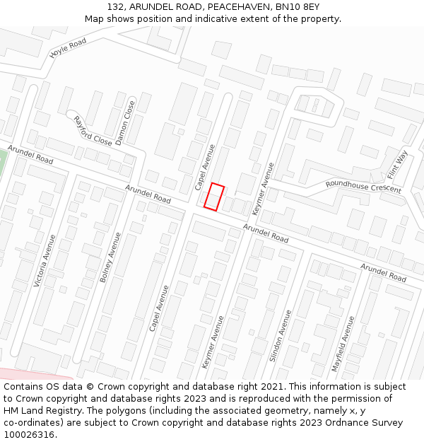 132, ARUNDEL ROAD, PEACEHAVEN, BN10 8EY: Location map and indicative extent of plot