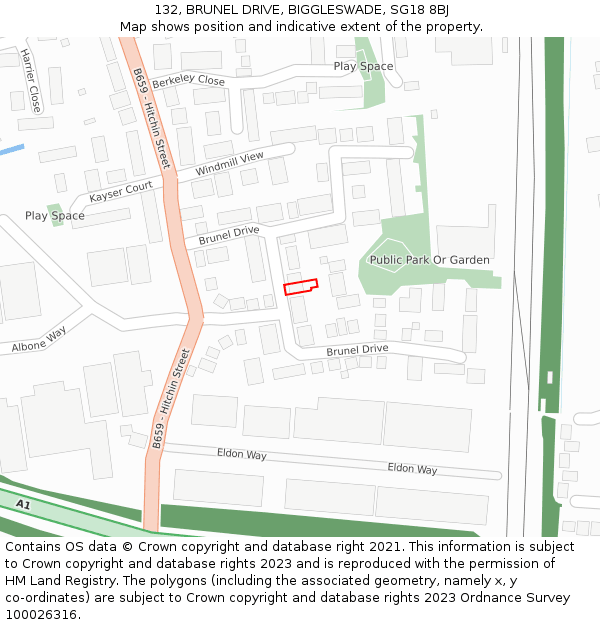 132, BRUNEL DRIVE, BIGGLESWADE, SG18 8BJ: Location map and indicative extent of plot