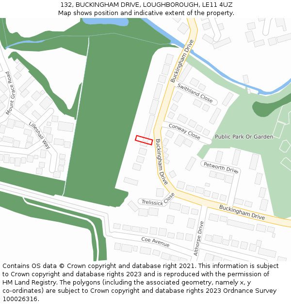 132, BUCKINGHAM DRIVE, LOUGHBOROUGH, LE11 4UZ: Location map and indicative extent of plot