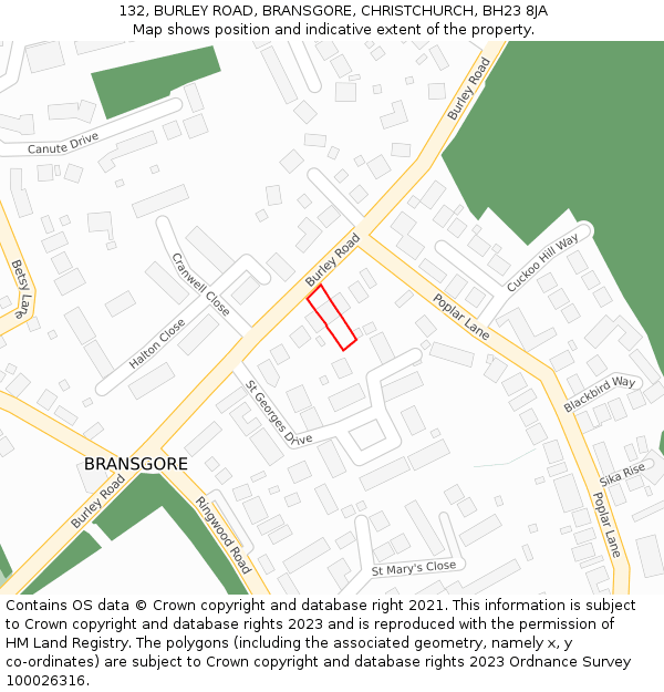 132, BURLEY ROAD, BRANSGORE, CHRISTCHURCH, BH23 8JA: Location map and indicative extent of plot