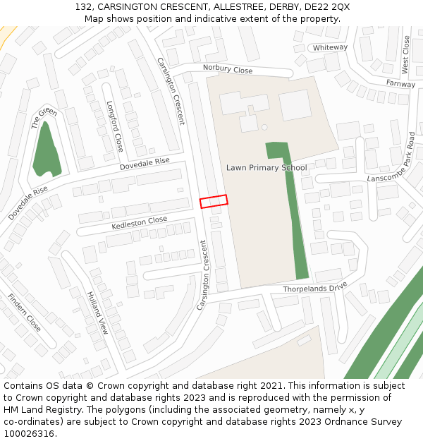 132, CARSINGTON CRESCENT, ALLESTREE, DERBY, DE22 2QX: Location map and indicative extent of plot