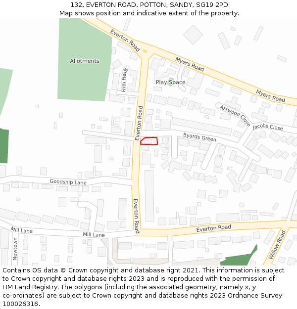 132, EVERTON ROAD, POTTON, SANDY, SG19 2PD: Location map and indicative extent of plot