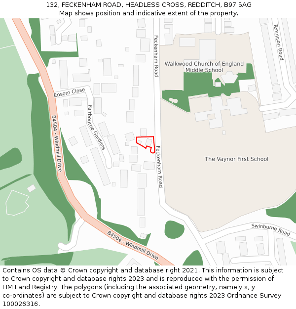 132, FECKENHAM ROAD, HEADLESS CROSS, REDDITCH, B97 5AG: Location map and indicative extent of plot