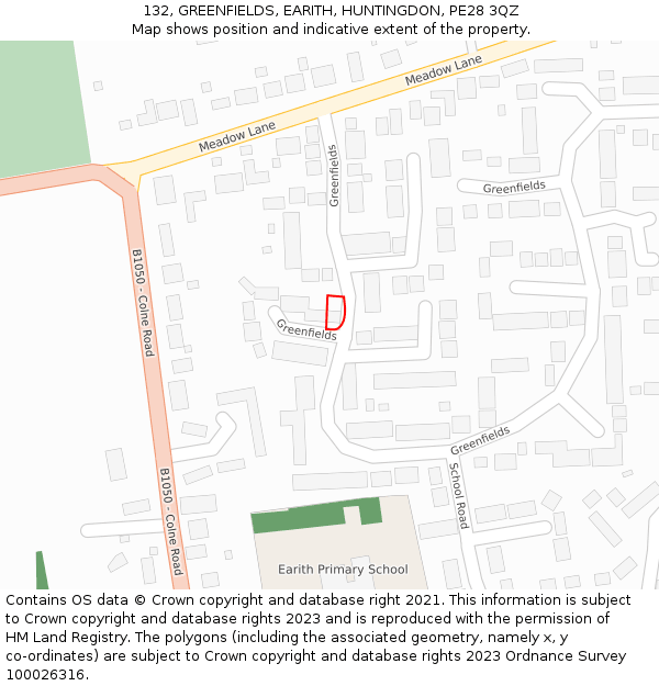 132, GREENFIELDS, EARITH, HUNTINGDON, PE28 3QZ: Location map and indicative extent of plot