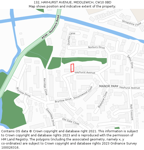 132, HAYHURST AVENUE, MIDDLEWICH, CW10 0BD: Location map and indicative extent of plot