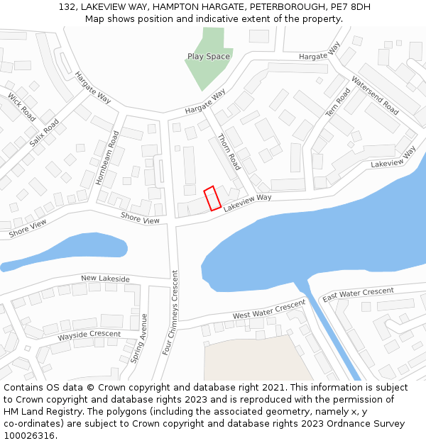 132, LAKEVIEW WAY, HAMPTON HARGATE, PETERBOROUGH, PE7 8DH: Location map and indicative extent of plot