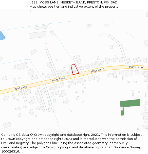 132, MOSS LANE, HESKETH BANK, PRESTON, PR4 6AD: Location map and indicative extent of plot