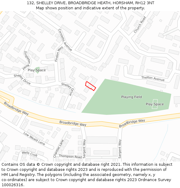 132, SHELLEY DRIVE, BROADBRIDGE HEATH, HORSHAM, RH12 3NT: Location map and indicative extent of plot