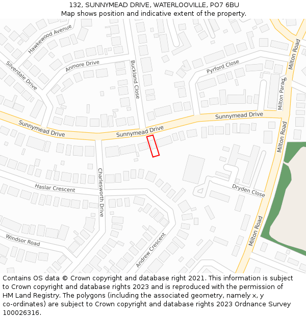 132, SUNNYMEAD DRIVE, WATERLOOVILLE, PO7 6BU: Location map and indicative extent of plot