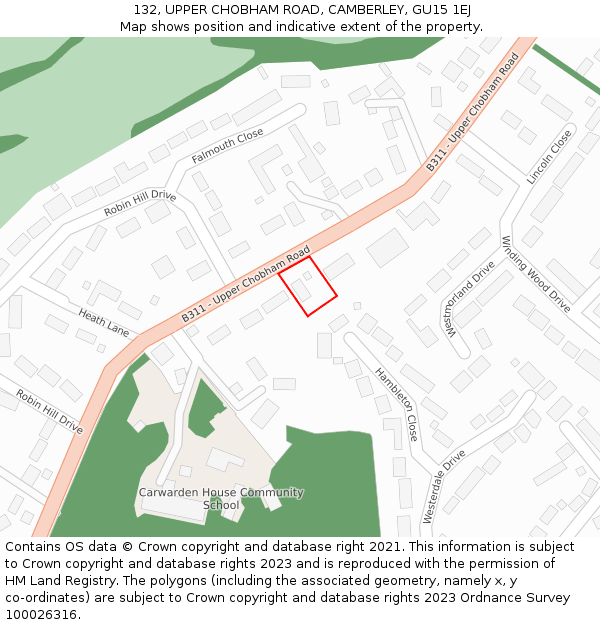 132, UPPER CHOBHAM ROAD, CAMBERLEY, GU15 1EJ: Location map and indicative extent of plot