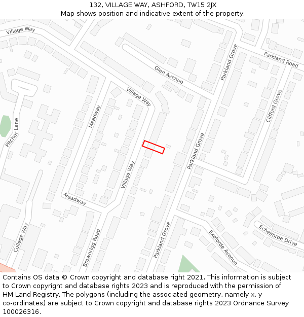 132, VILLAGE WAY, ASHFORD, TW15 2JX: Location map and indicative extent of plot