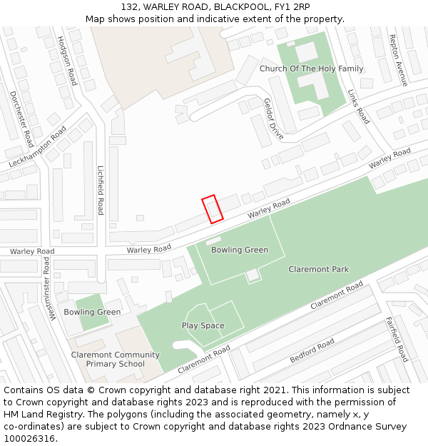 132, WARLEY ROAD, BLACKPOOL, FY1 2RP: Location map and indicative extent of plot