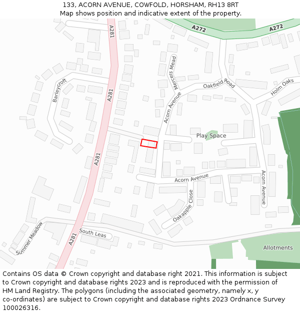 133, ACORN AVENUE, COWFOLD, HORSHAM, RH13 8RT: Location map and indicative extent of plot
