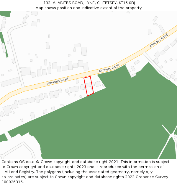 133, ALMNERS ROAD, LYNE, CHERTSEY, KT16 0BJ: Location map and indicative extent of plot