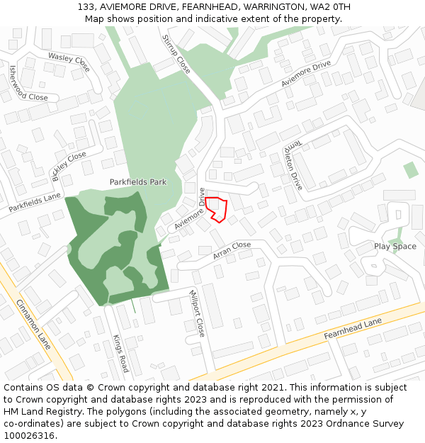 133, AVIEMORE DRIVE, FEARNHEAD, WARRINGTON, WA2 0TH: Location map and indicative extent of plot