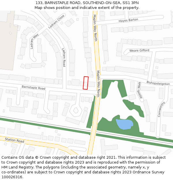 133, BARNSTAPLE ROAD, SOUTHEND-ON-SEA, SS1 3PN: Location map and indicative extent of plot
