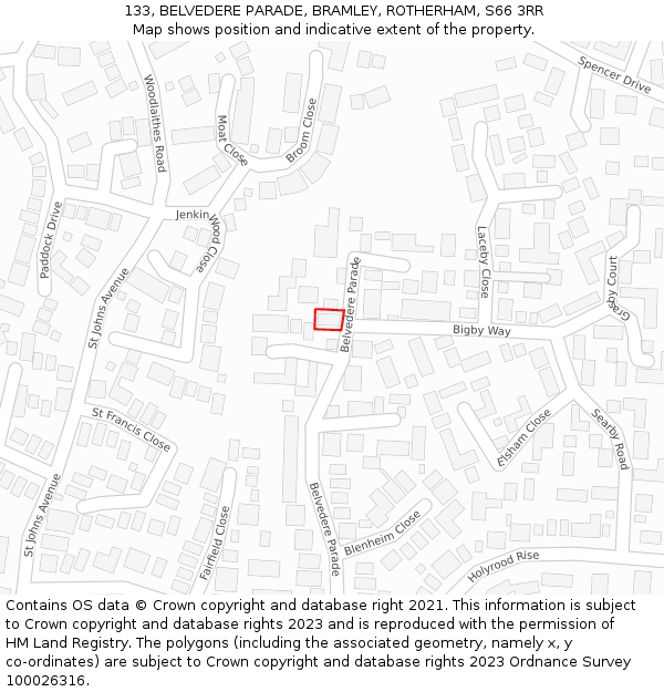 133, BELVEDERE PARADE, BRAMLEY, ROTHERHAM, S66 3RR: Location map and indicative extent of plot