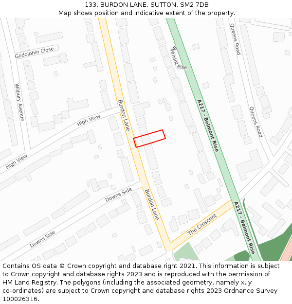 133, BURDON LANE, SUTTON, SM2 7DB: Location map and indicative extent of plot