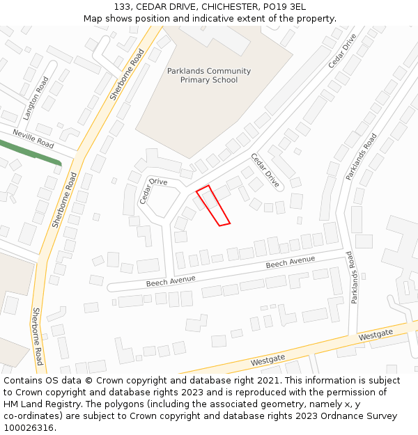 133, CEDAR DRIVE, CHICHESTER, PO19 3EL: Location map and indicative extent of plot