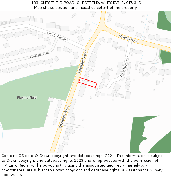 133, CHESTFIELD ROAD, CHESTFIELD, WHITSTABLE, CT5 3LS: Location map and indicative extent of plot