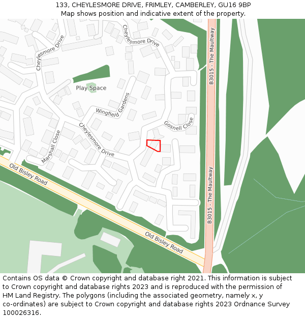 133, CHEYLESMORE DRIVE, FRIMLEY, CAMBERLEY, GU16 9BP: Location map and indicative extent of plot