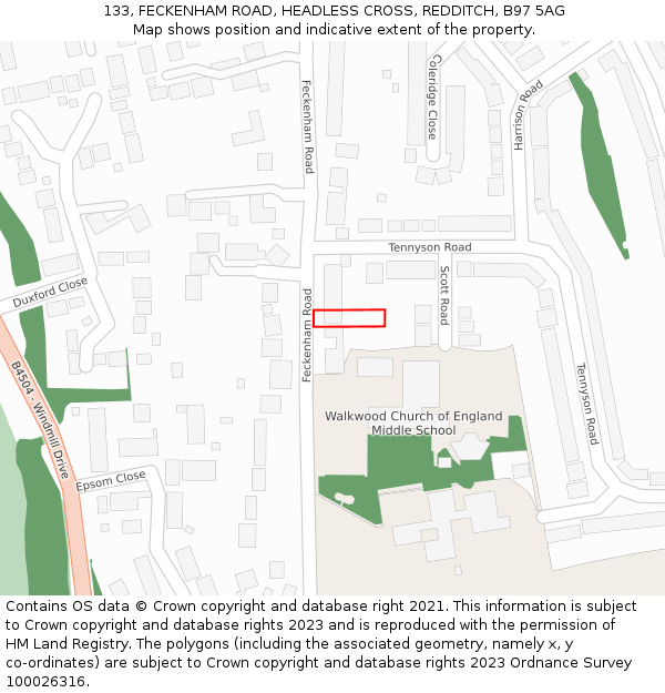 133, FECKENHAM ROAD, HEADLESS CROSS, REDDITCH, B97 5AG: Location map and indicative extent of plot