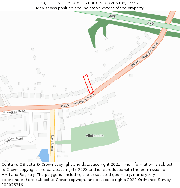 133, FILLONGLEY ROAD, MERIDEN, COVENTRY, CV7 7LT: Location map and indicative extent of plot