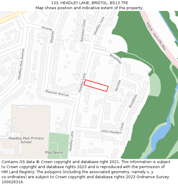 133, HEADLEY LANE, BRISTOL, BS13 7PE: Location map and indicative extent of plot