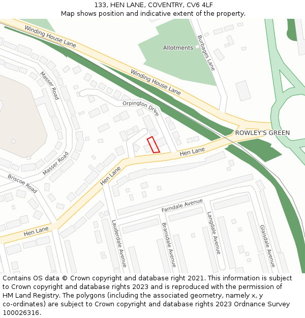 133, HEN LANE, COVENTRY, CV6 4LF: Location map and indicative extent of plot