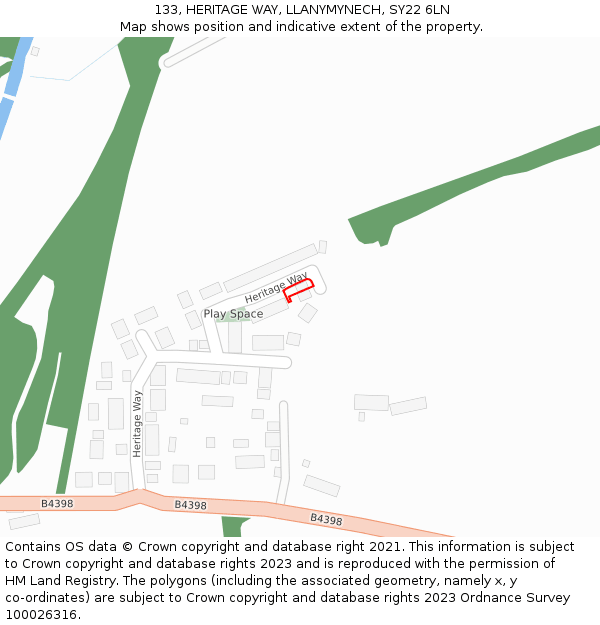 133, HERITAGE WAY, LLANYMYNECH, SY22 6LN: Location map and indicative extent of plot