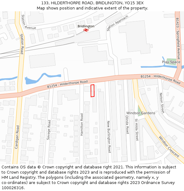 133, HILDERTHORPE ROAD, BRIDLINGTON, YO15 3EX: Location map and indicative extent of plot
