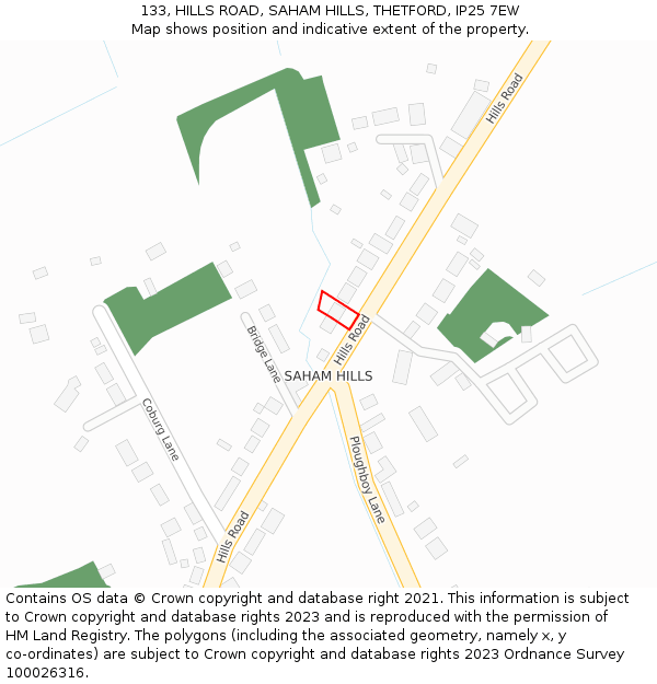 133, HILLS ROAD, SAHAM HILLS, THETFORD, IP25 7EW: Location map and indicative extent of plot