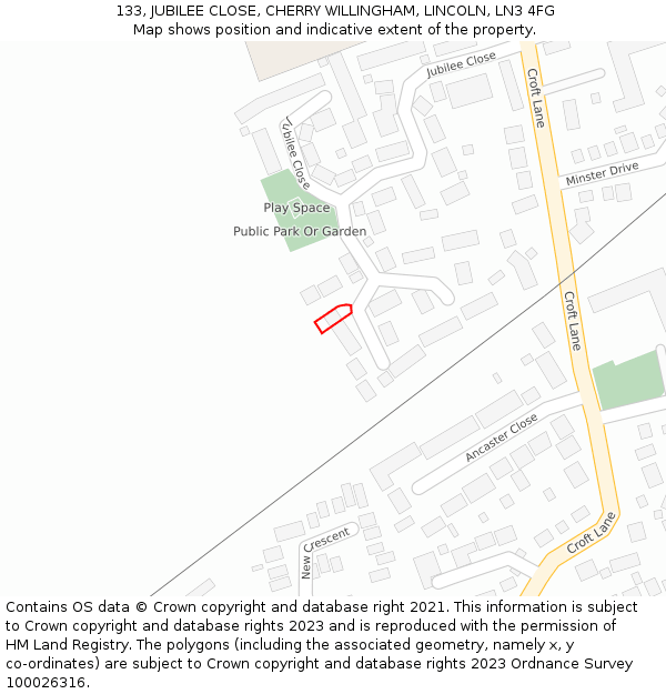 133, JUBILEE CLOSE, CHERRY WILLINGHAM, LINCOLN, LN3 4FG: Location map and indicative extent of plot