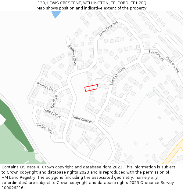 133, LEWIS CRESCENT, WELLINGTON, TELFORD, TF1 2FQ: Location map and indicative extent of plot