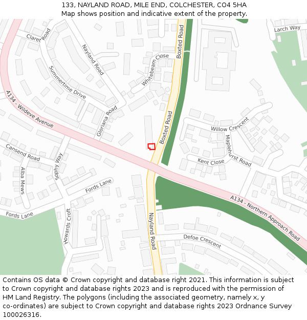 133, NAYLAND ROAD, MILE END, COLCHESTER, CO4 5HA: Location map and indicative extent of plot