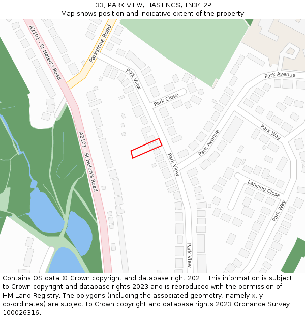 133, PARK VIEW, HASTINGS, TN34 2PE: Location map and indicative extent of plot