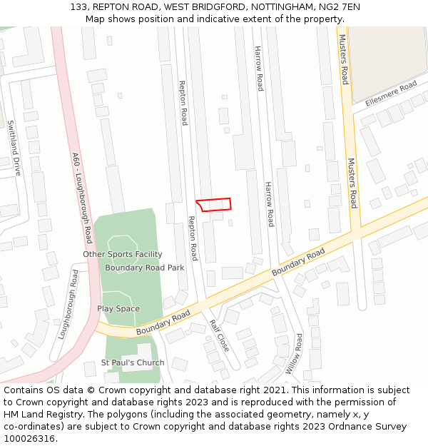 133, REPTON ROAD, WEST BRIDGFORD, NOTTINGHAM, NG2 7EN: Location map and indicative extent of plot