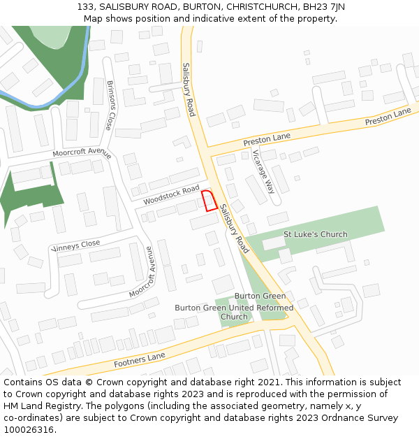 133, SALISBURY ROAD, BURTON, CHRISTCHURCH, BH23 7JN: Location map and indicative extent of plot