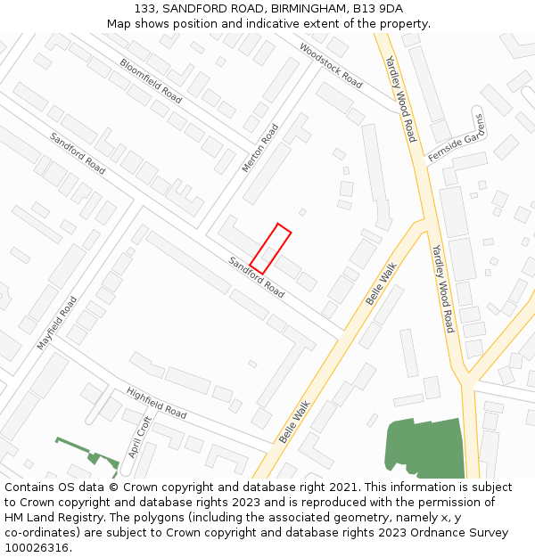 133, SANDFORD ROAD, BIRMINGHAM, B13 9DA: Location map and indicative extent of plot