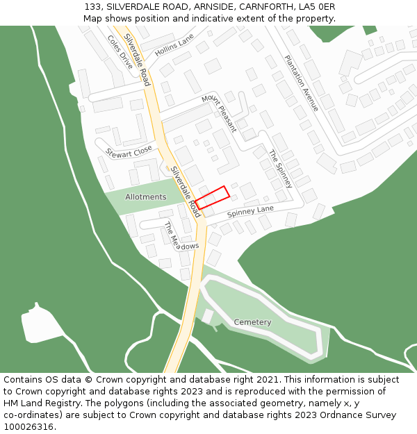 133, SILVERDALE ROAD, ARNSIDE, CARNFORTH, LA5 0ER: Location map and indicative extent of plot