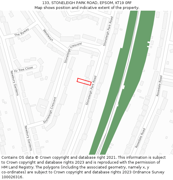 133, STONELEIGH PARK ROAD, EPSOM, KT19 0RF: Location map and indicative extent of plot