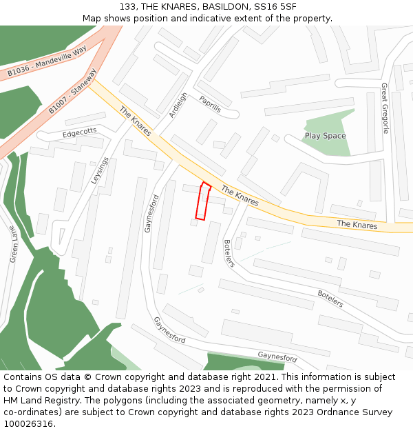 133, THE KNARES, BASILDON, SS16 5SF: Location map and indicative extent of plot