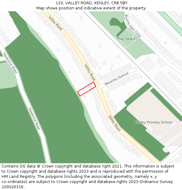 133, VALLEY ROAD, KENLEY, CR8 5BY: Location map and indicative extent of plot