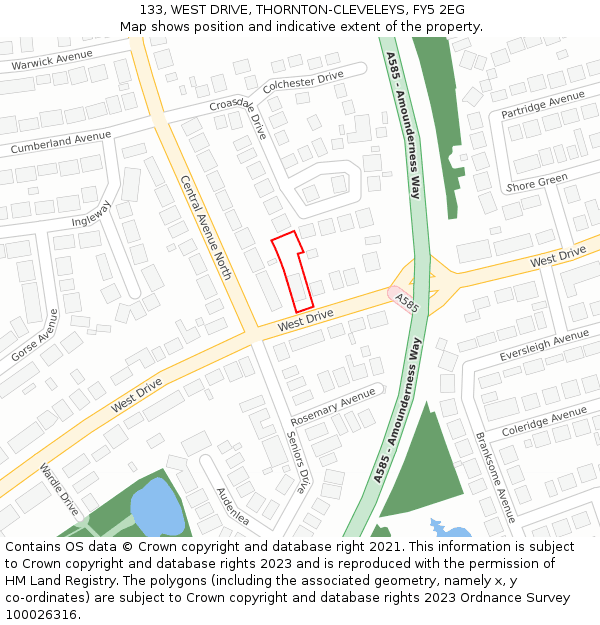 133, WEST DRIVE, THORNTON-CLEVELEYS, FY5 2EG: Location map and indicative extent of plot