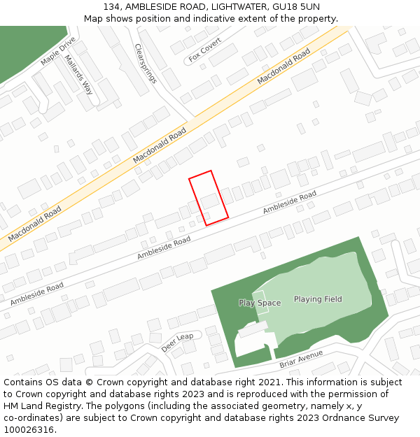 134, AMBLESIDE ROAD, LIGHTWATER, GU18 5UN: Location map and indicative extent of plot